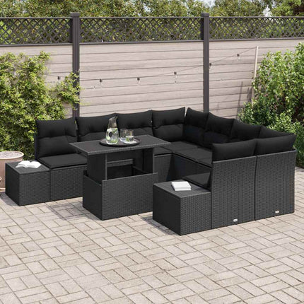 Trädgårdsoffset med kudde 9 pcs Svart konstrotting