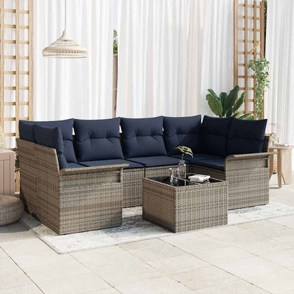 Trädgårdsoffset med kudde 7 pcs Grå och Marinblå konstrotting