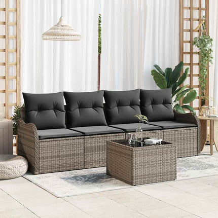 Trädgårdsoffset med kudde 5 pcs Grå Konstrotting, Stål och Glas