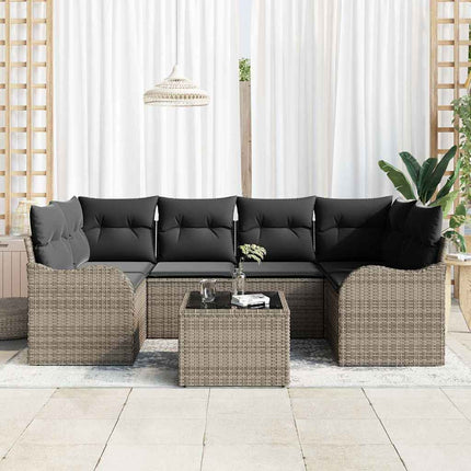 Trädgårdsoffset med kudde 7 pcs Grå Konstrotting, Stål och Glas