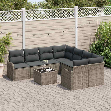 Trädgårdsoffset 9 pcs Grå Poly Rattan och Stål och Glas