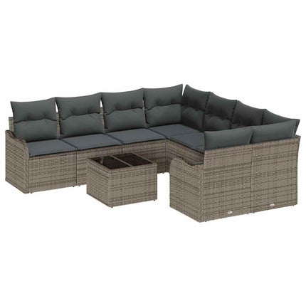 Trädgårdsoffset 9 pcs Grå Poly Rattan och Stål och Glas