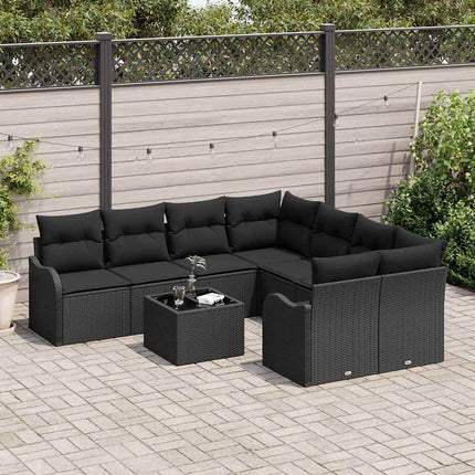 Trädgårdsoffset 9 pcs Svart Poly Rattan och Stål och Glas