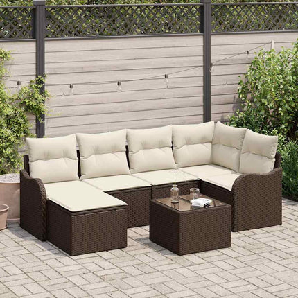Trädgårdsoffset med kudde 7 pcs Brun och vit Poly rattan