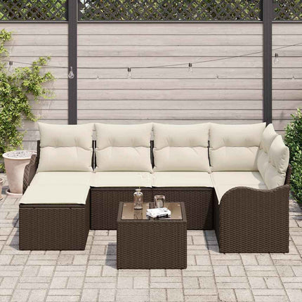 Trädgårdsoffset med kudde 7 pcs Brun och vit Poly rattan