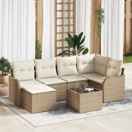 Trädgårdsoffset med kudde 7 pcs Beige och vit Poly rattan