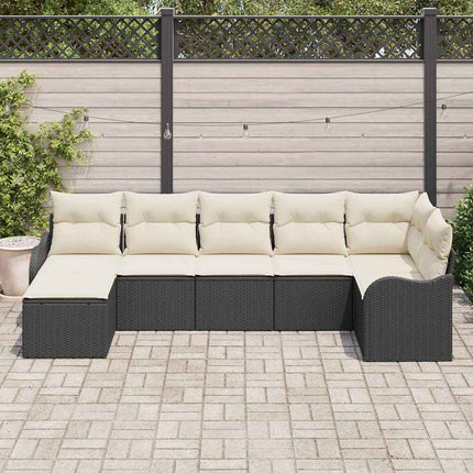 Trädgårdsoffset med kudde 7 pcs Svart och vit Poly rattan