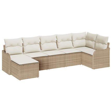 Trädgårdsoffset med kudde 7 pcs Beige och vit Poly rattan