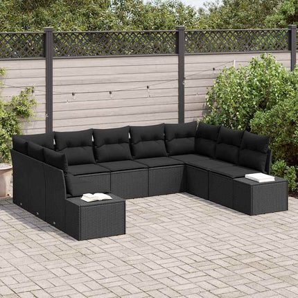 Trädgårdsoffset med kudde 9 pcs Svart Polyrattan