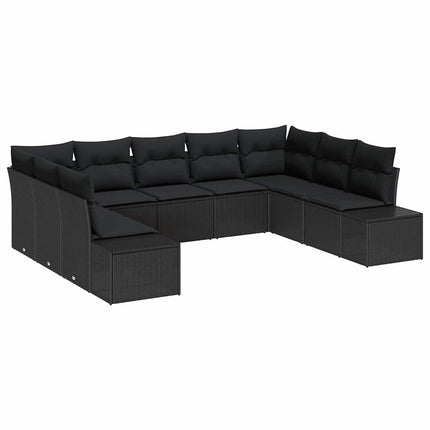 Trädgårdsoffset med kudde 9 pcs Svart Polyrattan