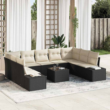 Trädgårdsoffset med kudde 9 pcs Svart och kräm Polyrattan