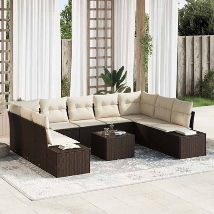 Trädgårdsoffset med kudde 9 pcs Brun och Kräm Polyrattan