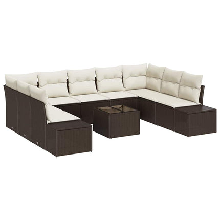 Trädgårdsoffset med kudde 9 pcs Brun och Kräm Polyrattan