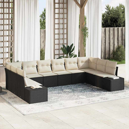 Trädgårdsoffset med kudde 10 pcs Svart och kräm Polyrattan