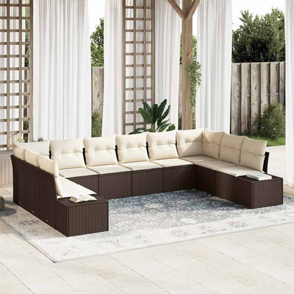 Trädgårdsoffset med kudde 10 pcs Brun och Kräm Polyrattan