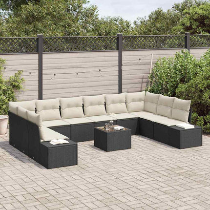 Trädgårdsoffset med kudde 10 pcs Svart och kräm Polyrattan