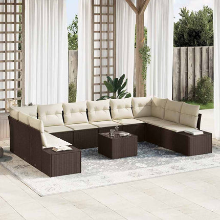 Trädgårdsoffset med kudde 10 pcs Brun och Kräm Polyrattan