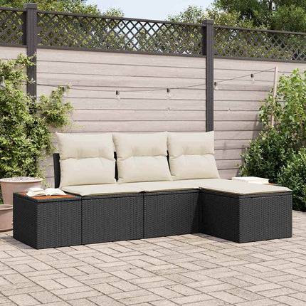 Trädgårdsoffset med kudde 4 pcs Svart och kräm Poly Rattan