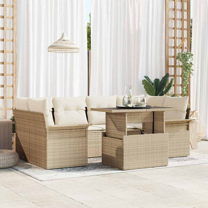 Trädgårdsoffset med kudde med lagring 7 pcs Beige Poly Rattan
