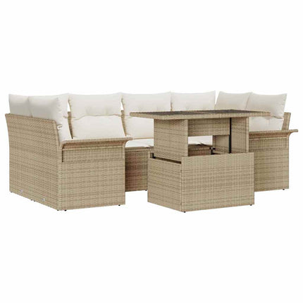 Trädgårdsoffset med kudde med lagring 7 pcs Beige Poly Rattan