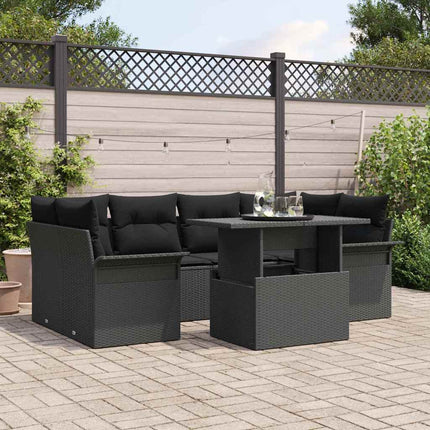 Trädgårdsoffset med kudde med lagring 7 pcs Svart Poly Rattan
