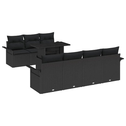 Trädgårdsoffset med kudde med lagring 8 pcs Svart Poly Rattan