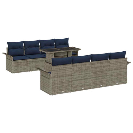 Trädgårdsoffset med kudde med lagring 9 pcs Grå Poly Rattan