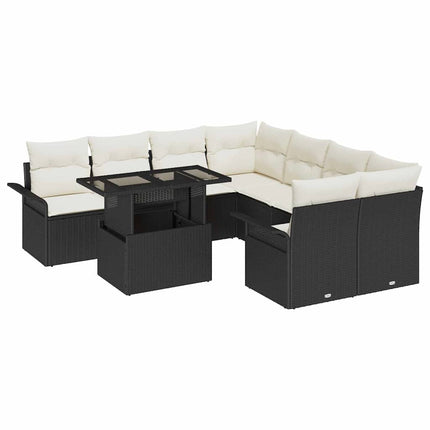 Trädgårdsoffset med kudde med lagring 9 pcs Svart Poly Rattan
