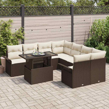 Trädgårdsoffset med kudde med lagring 9 pcs Brun Poly Rattan