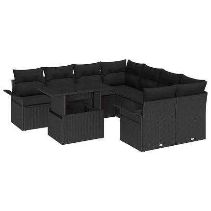 Trädgårdsoffset med kudde med lagring 9 pcs Svart Poly Rattan