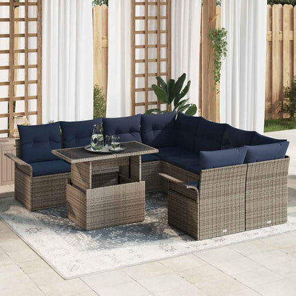 Trädgårdsoffset med kudde med lagring 9 pcs Grå Poly Rattan