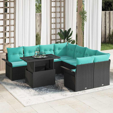 Trädgårdsoffset med kudde med lagring 9 pcs Svart Poly Rattan