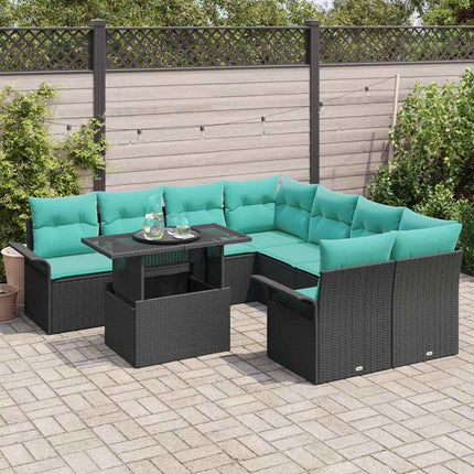 Trädgårdsoffset med kudde med lagring 9 pcs Svart Poly Rattan