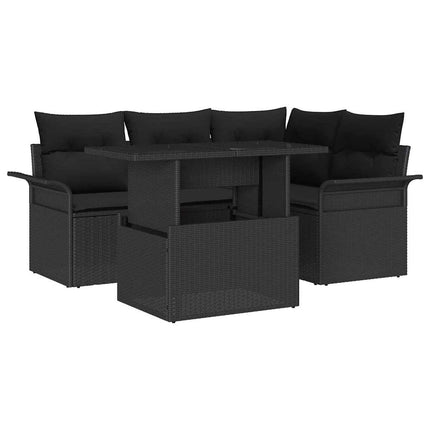 Trädgårdsoffset med kudde med lagring 5 pcs Svart Poly Rattan