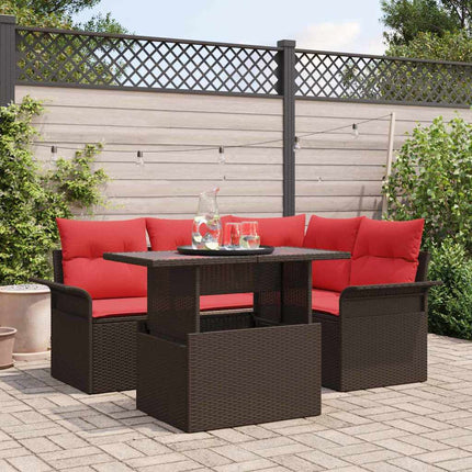 Trädgårdsoffset med kudde med lagring 5 pcs Brun Poly Rattan