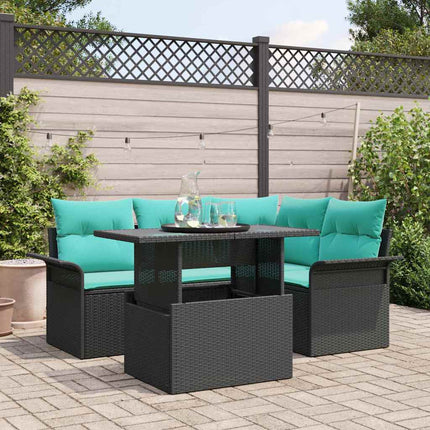 Trädgårdsoffset med kudde med lagring 5 pcs Svart Poly Rattan