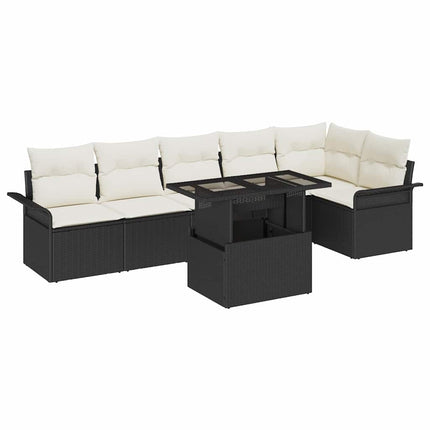 Trädgårdsoffset med kudde med lagring 7 pcs Svart Poly rattan