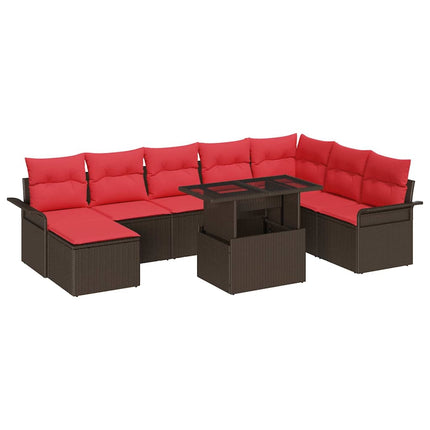 Trädgårdsoffset med kudde 9 pcs Brun Poly Rattan