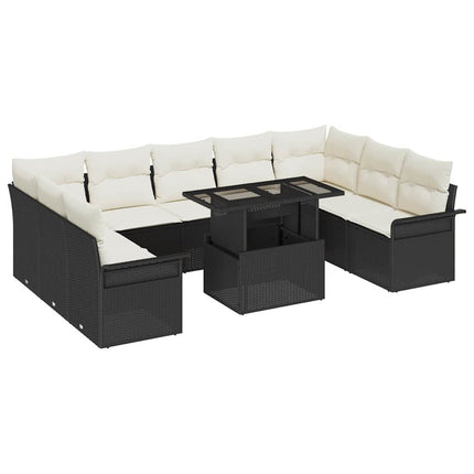 Trädgårdsoffset med kudde med kudde 10 pcs Svart Poly Rattan