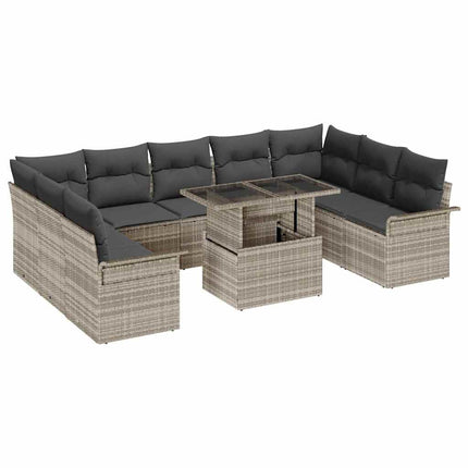 Trädgårdsoffset med kudde med kudde 10 pcs Ljusgrå Poly Rattan