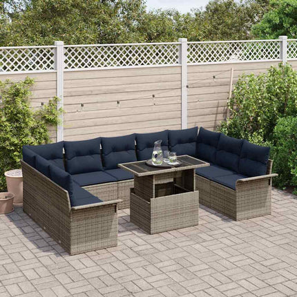 Trädgårdsoffset med kudde med kudde 10 pcs Grå Poly Rattan