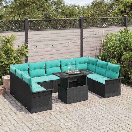 Trädgårdsoffset med kudde med kudde 10 pcs Svart Poly Rattan