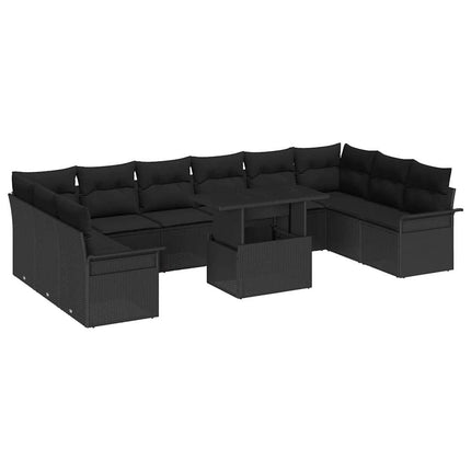 Trädgårdsoffset med kudde med kudde 11 pcs Svart Poly Rattan