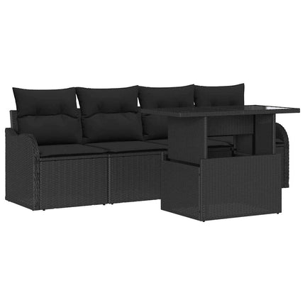 Trädgårdsoffset med kudde med kudde 5 pcs Svart Poly Rattan