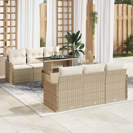 Trädgårdsoffset med kudde med lagring 7 pcs Beige Poly Rattan