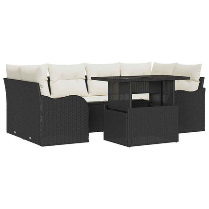 Trädgårdsoffset med kudde med lagring 7 pcs Svart Poly Rattan