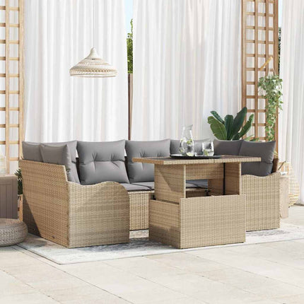 Trädgårdsoffset med kudde med lagring 7 pcs Beige Poly Rattan