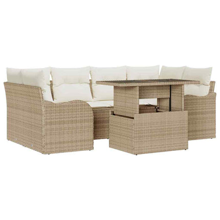 Trädgårdsoffset med kudde med lagring 7 pcs Beige Poly Rattan