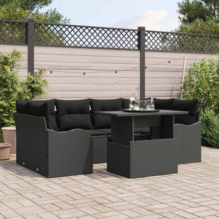 Trädgårdsoffset med kudde med lagring 7 pcs Svart Poly Rattan