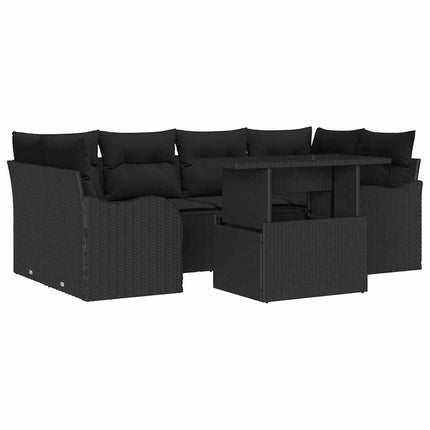 Trädgårdsoffset med kudde med lagring 7 pcs Svart Poly Rattan